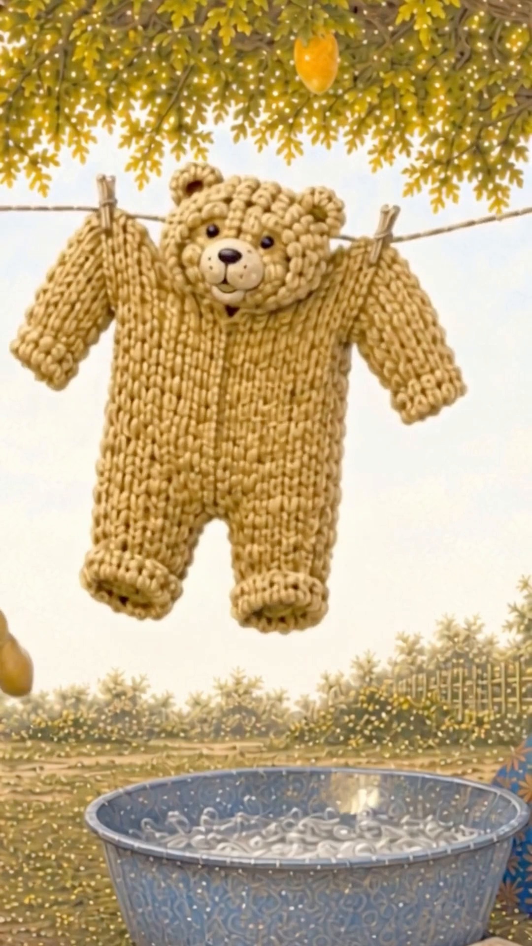 The bear suit hanging on the washing line