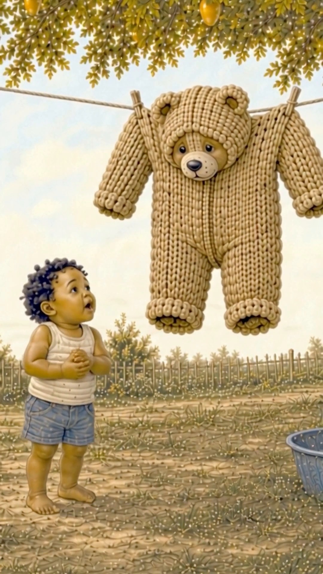 Beni looking up at Bear