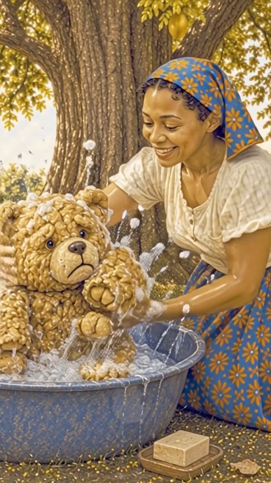 Mamma washing the bear suit